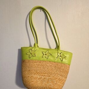Green and Tan Women's Straw Tote Bag